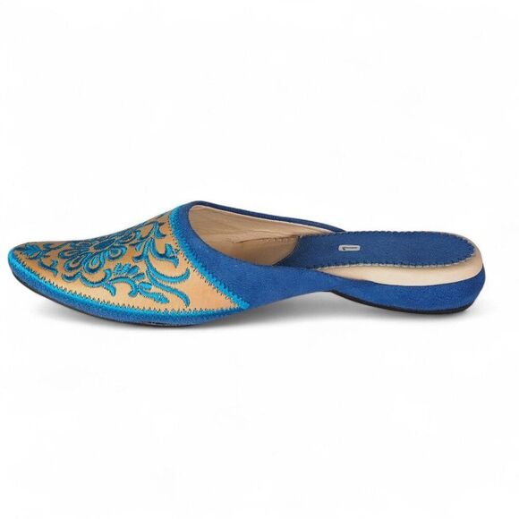 Moroccan Leather Embroidered Babouche Leather Slippers Blue / Tan Women's 7 - Picture 7 of 10